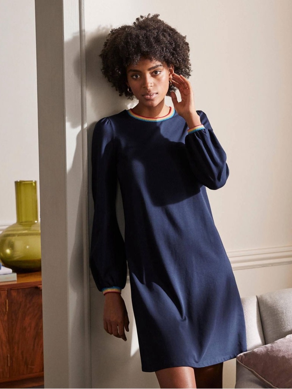 Boden Jersey Swing Dress navy with rainbow trim size 6